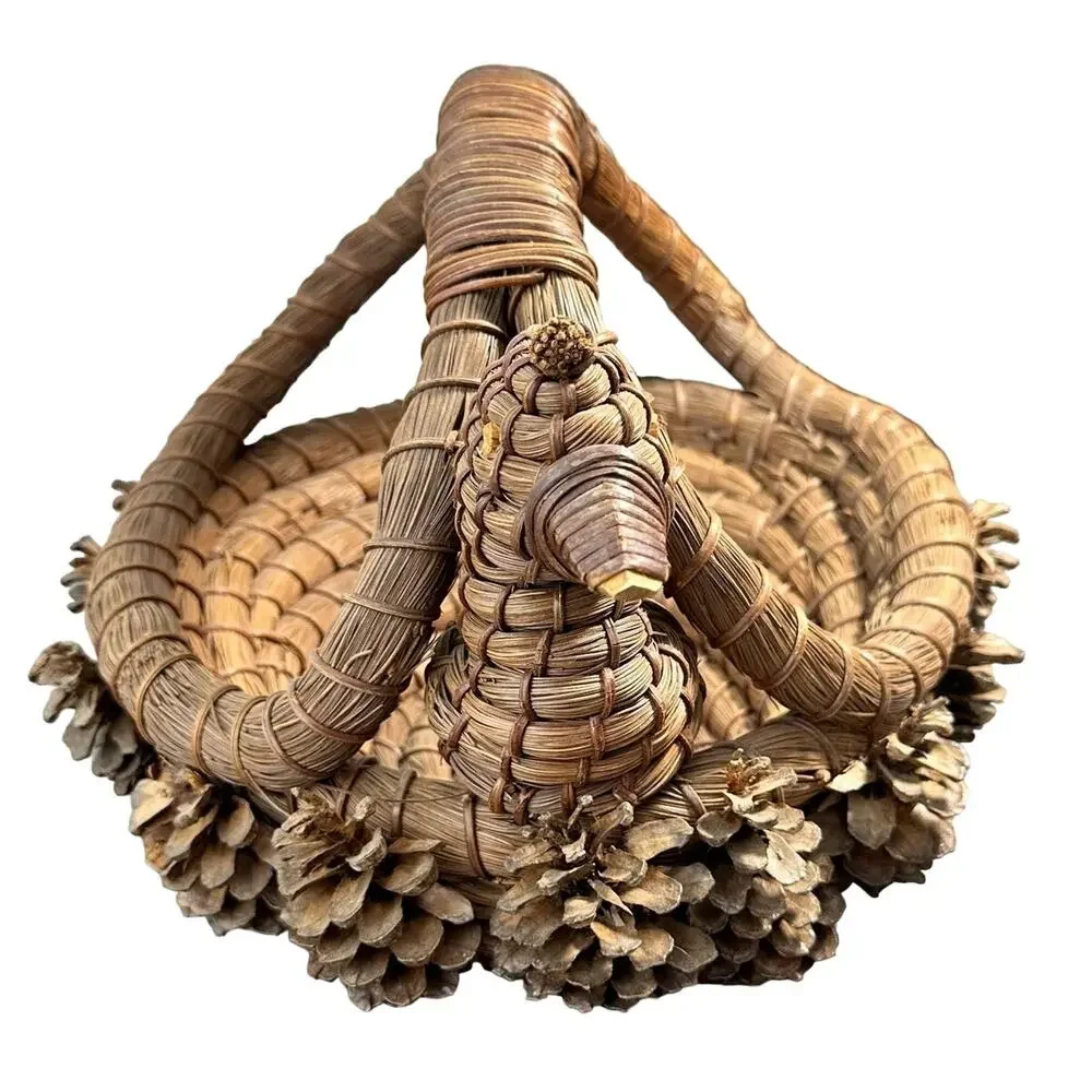 Vintage Native American Pine Needle Basket Bird with Pinecones